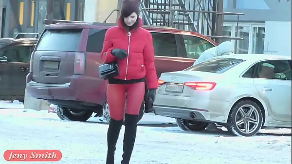 Big Red Tights. Jeny Smith public walking in tight seamless red pantyhose (no panties top Clips