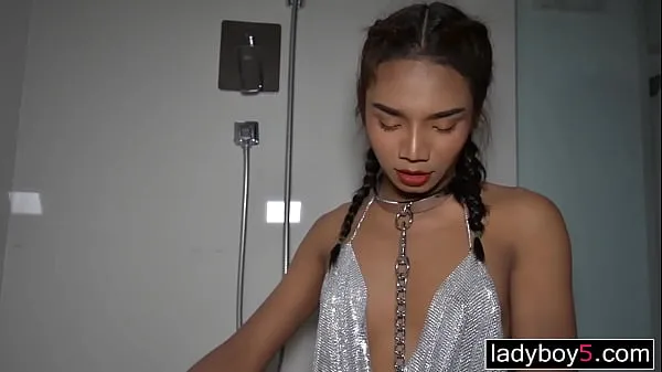 Young Asian shemale from Thailand begging for piss and cum in the shower