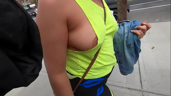 Big Wife no bra side boobs with pierced nipples in public flashing top Clips