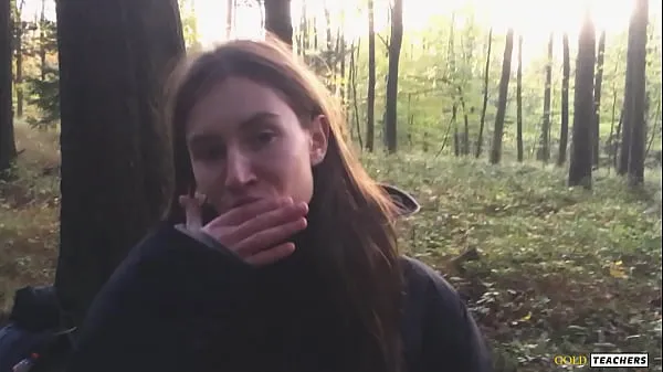 Big Young shy Russian girl gives a blowjob in a German forest and swallow sperm in POV (first homemade porn from family archive top Clips