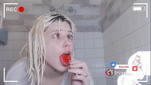 Big Wet t-shirt with lollipop in the shower top Clips