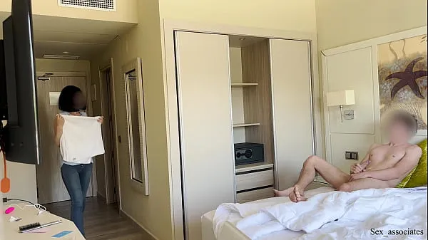 Public Dick Flash. Hotel maid was shocked when she saw me masturbating during room cleaning service but decided to help me cum
