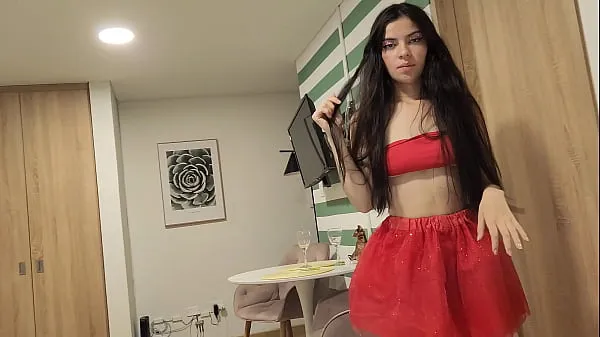 Beautiful woman in a red skirt and without underwear, wants to be fucked as a Christmas gift Klip teratas Besar